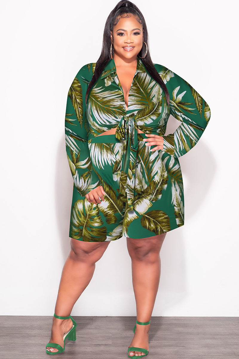 Final Sale Plus Size 2pc Crop Top & Bermuda Short Set in Green & Olive Palm Print