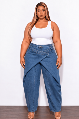 Final Sale Plus Size Crossover-Waist Barrel Leg Jeans in Denim