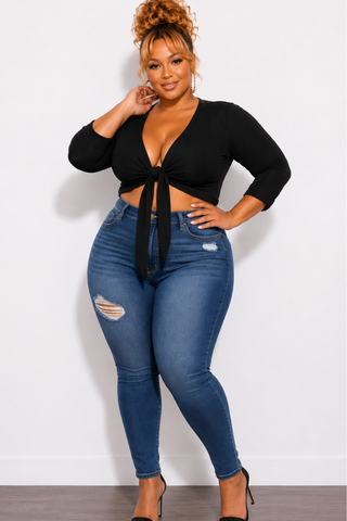 Final Sale Plus Size Textured Crop Tie Top in Black