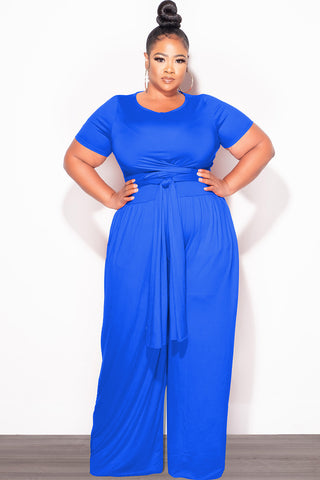 Final Sale Plus Size 2pc Short Sleeve Tie Top and Pants Set in Royal Blue