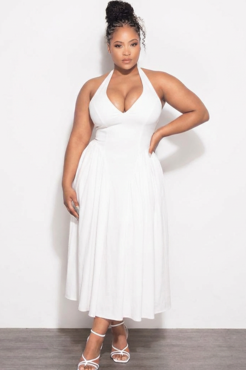 Final Sale Plus Size Corset Halter Midi Dress in White Chic And Curvy Final Sale Plus Size Corset Halter Midi Dress in White Chic And Curvy