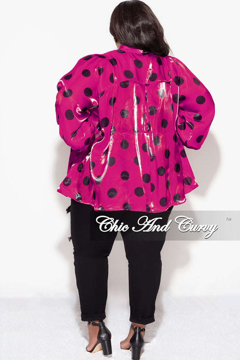 Final Sale Plus Size Button Up Oversized Neck Tie Top in Fuchsia and Black Polka Dots