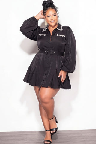 Final Sale Plus Size Rhinestone Embellished Mini Shirt Dress in Black