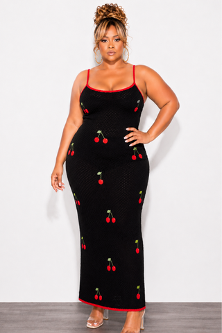 Final Sale Plus Size Tank Crochet Knit Dress in Black With Red Cherries