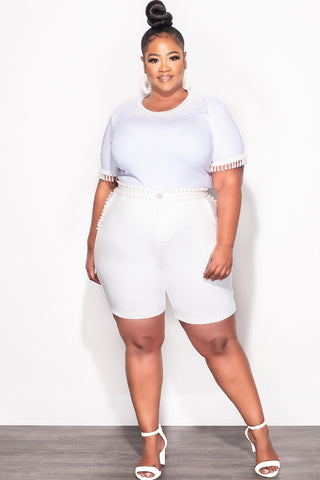 Final Sale Plus Size 2pc Set Pearl Studded Top & Shorts in Ivory