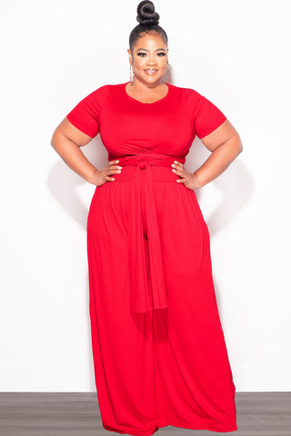 Final Sale Plus Size 2pc Short Sleeve Tie Top and Pants Set in Red