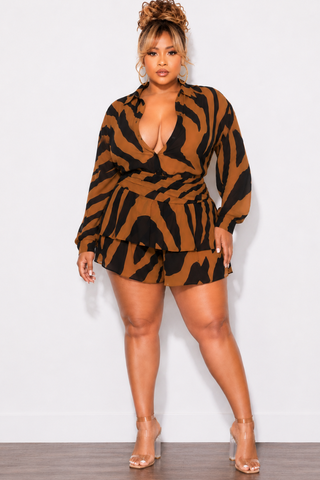 Final Sale Plus Size Chiffon Button Up Romper in Brown & Black Zebra Print