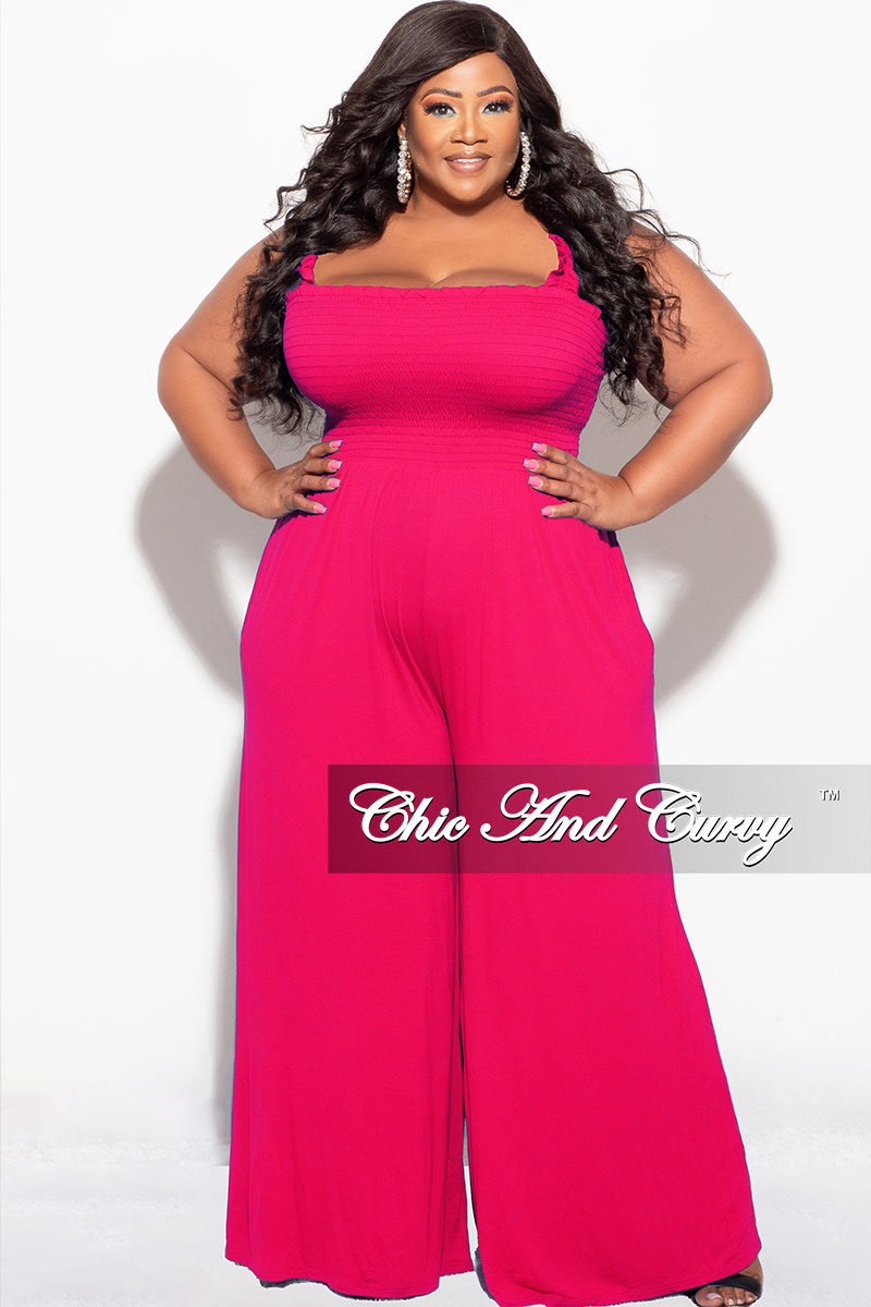 Final Sale Plus Size Jumpsuit with Smocking & Elastic Straps in Fuchsia