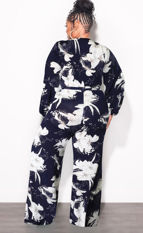 Final Sale Plus Size Faux Wrap Jumpsuit with Waist Tie in Navy and White Floral Print