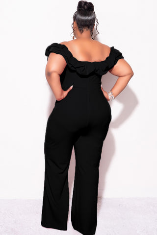 Final Sale Plus Size Off the Shoulder Ruffle Trim Jumpsuit in Black