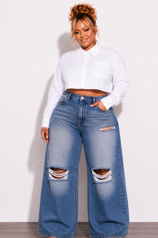 Final Sale Plus Size Cropped Button Down Collar Button Blouse Poplin in White