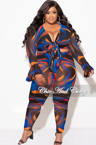 Final Sale Plus Size Sheer Bell Sleeve Tie Top and High Waist Pants Set in Royal Blue Multi Color Print Fall