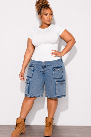 Final Sale Plus Size Acid Wash Cargo Denim Jorts Shorts in Denim