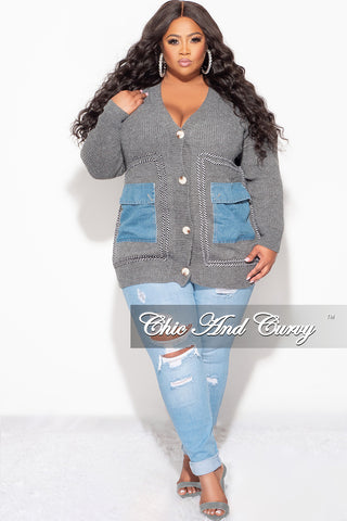 Final Sale Plus Size Button Up Wool Cardigan with Denim Pockets in Grey