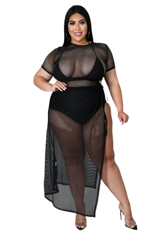 Final Sale Plus Size Off the Shoulder Fishnet Dress with Side Slit in Black