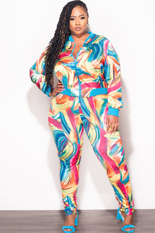 Final Sale Plus Size 2pc Cropped Satin Zip-Up Jacket and Pants Set in Multi Color Swirl Print