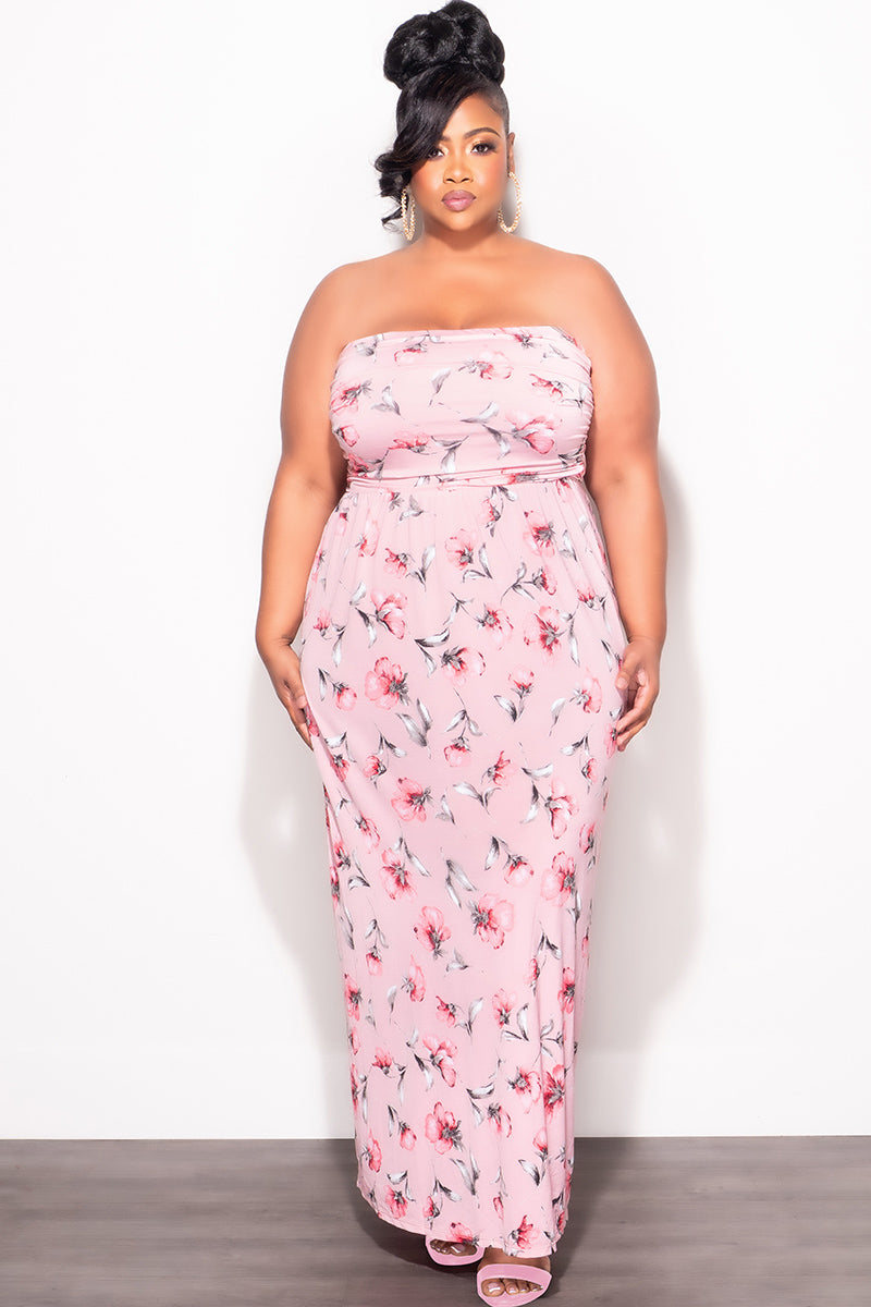 Final Sale Plus Size Long Tube Dress in Pink Floral Print Chic And Curvy Final Sale Plus Size Long Tube Dress in Pink Floral Print Chic And Curvy