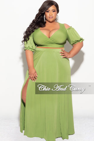 Final Sale Plus Size 2pc Faux Wrap Crop Tie Top And Double Slit Skirt Set in Lime