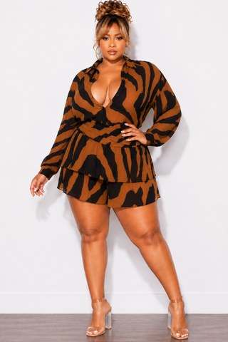 Final Sale Plus Size Chiffon Button Up Romper in Brown & Black Zebra Print