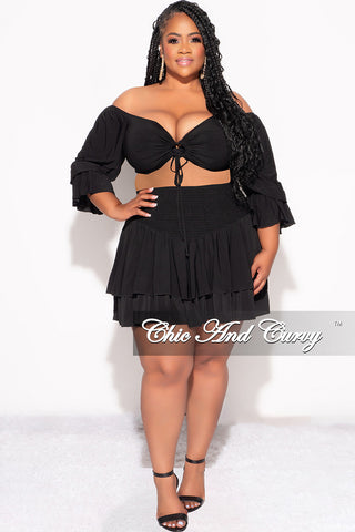 Final Sale Plus Size 2pc Set Off the Shoulder Crop Tie Top and Ruffle Layered Hem Mini Skirt in Black