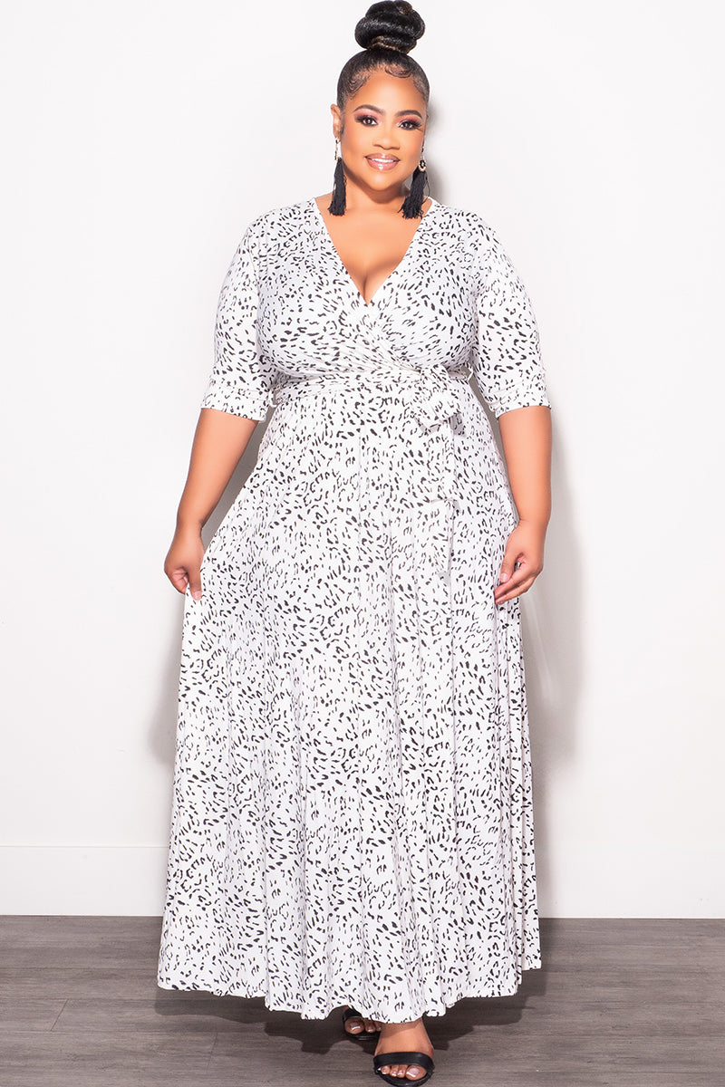 plus size faux wrap dress Final Sale Plus Size Deep V Faux Wrap Dress with 3/4 Sleeves in Black and White Animal Print