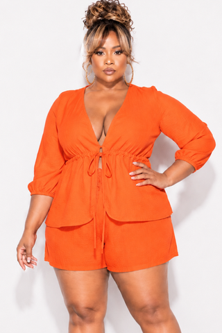 Final Sale Plus Size 2pc Drawstring Top and Shorts Set in Burnt Orange