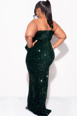 Final Sale Plus Size Strapless Pleated Ruffle Velvet & Sequin Gown with Front Slit in Green