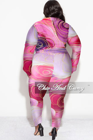 Final Sale Plus Size 2pc Button Up Collar Top and Pants Set in Pink Multi Color Design Print