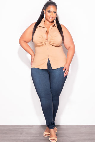 Final Sale Plus Size Sleeveless Collar Button Up Ruched Top in Cappuccino