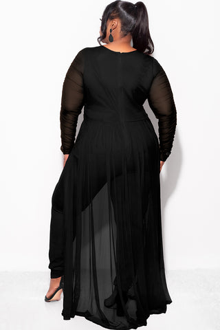 Final Sale  Plus Size Mesh Ruched Sleeve Jumpsuit with Attached Long Skirt in Black