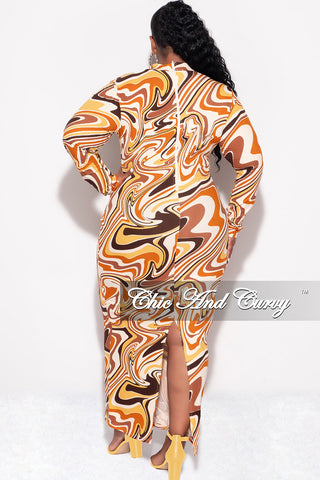 Final Sale Plus Size Reversible BodyCon Midi Dress in Mustard Multi Color Swirl Print