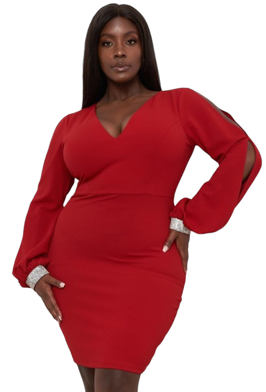 Final Sale Plus Size Long Sleeve Cutout Ruched BodyCon Dress with Front Slit in Red - 3x 22 Final Sale Plus Size Long Sleeve Cutout Ruched BodyCon Dress with Front Slit in Red - 3x 22