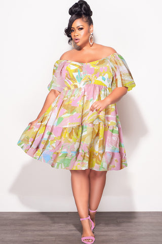 Final Sale Plus Size Smocked Chiffon Baby Doll Dress in Pink & Yellow Print