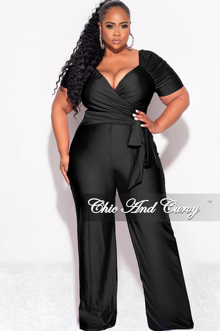 Final Sale Plus Size Shiny Jumpsuit with Ruched Sleeves in Black