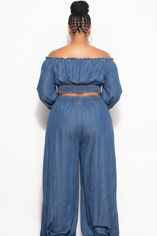 Final Sale Plus Size 2pc Set Off The Shoulder Top & Palazzo Pants in Wash Denim