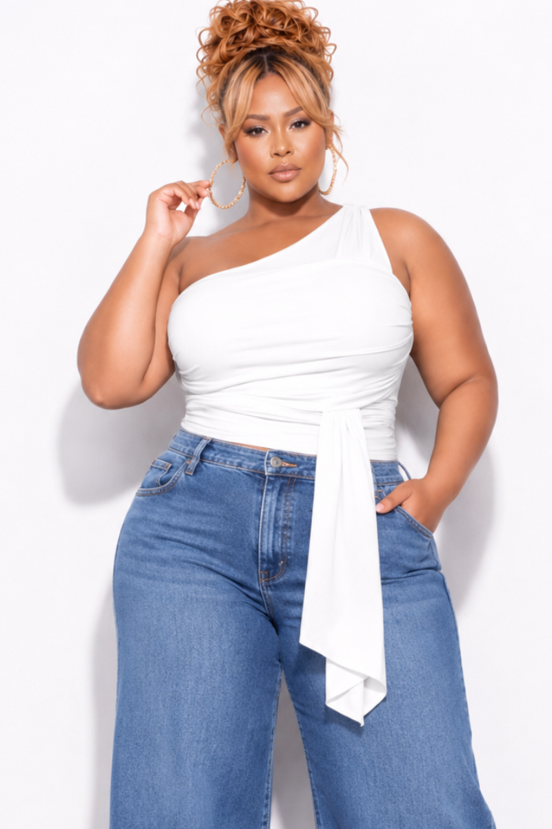 Final Sale Plus Size One Shoulder Crop Top with Ruching in Ivory
