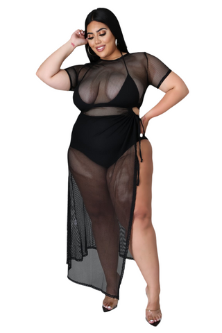 Final Sale Plus Size Off the Shoulder Fishnet Dress with Side Slit in Black