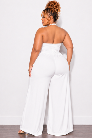 Final Sale Plus Size Halter Jumpsuit in White Poplin