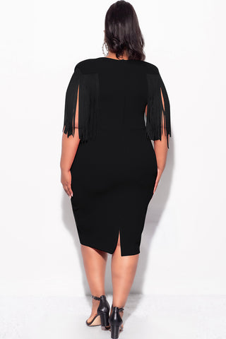 Final Sale Plus Size Faux Wrap Fringe Shoulder BodyCon Dress in Black