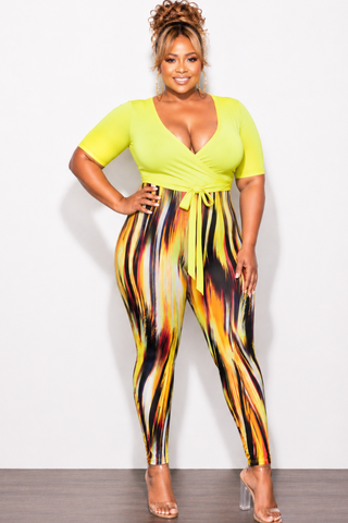Final Sale Plus Size 2pc Long Sleeve Crop Tie Top and Mesh Pants in Neon Green Multi Color