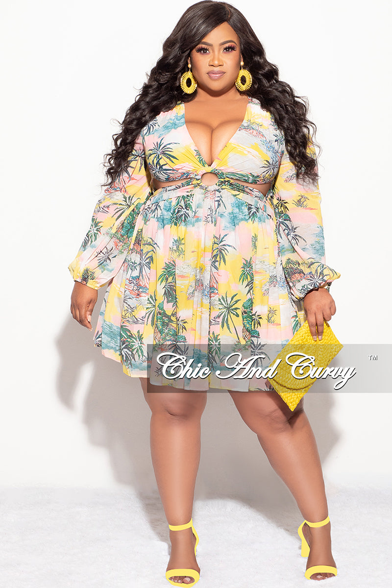 Final Sale Plus Size Chiffon Babydoll Dress with Cut Outs in Tropical Palm Print