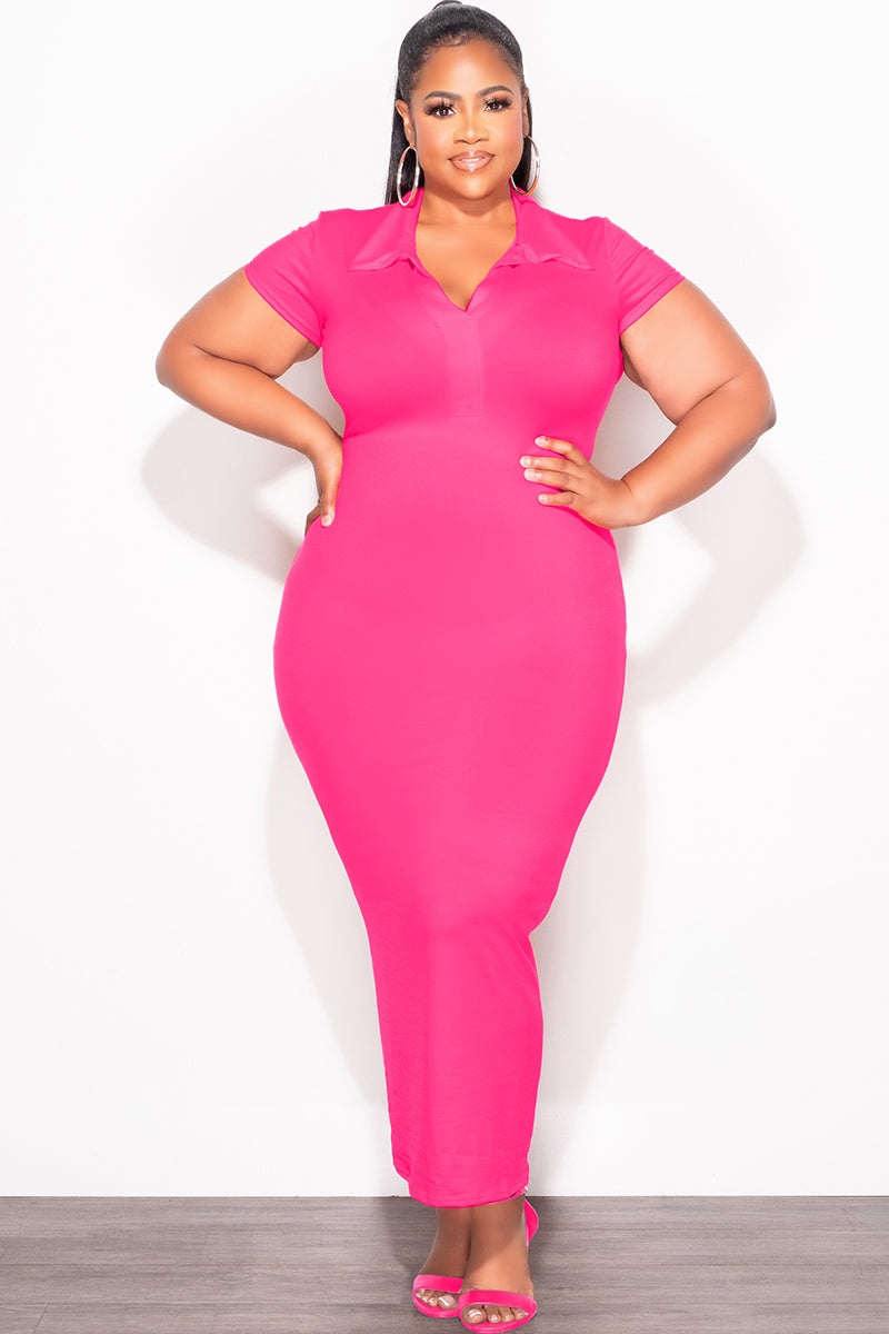 Final Sale Plus Size Collar V Neck Midi Dress in Pink