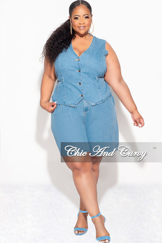 Final Sale Plus Size 2pc Sleeveless Blazer Vest Short Set in Denim