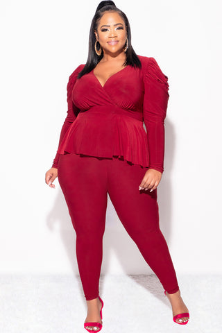 Final Sale Plus Size Faux Wrap Peplum Top and Pants Set in Burgundy