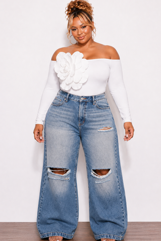 Final Sale Plus Size Baggie Wide Leg Distressed Jeans in Denim
