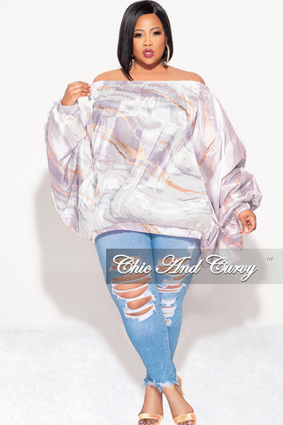 Final Sale Plus Size Off the Shoulder Bubble Dress/Tunic  in
White & Grey Marble Print