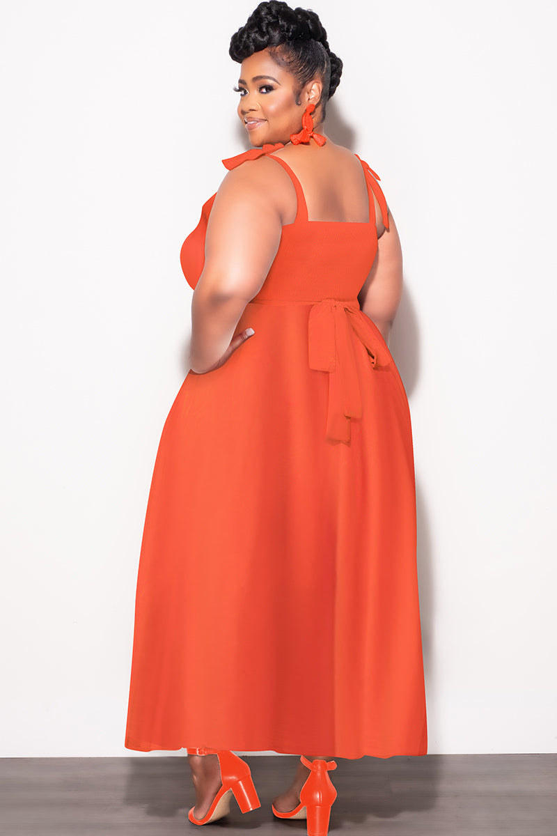 Final Sale Plus Size Self Tie Strap Light Weight Linen Blend Dress in Coral Orange - 2x 18/20 Final Sale Plus Size Self Tie Strap Light Weight Linen Blend Dress in Coral Orange - 2x 18/20
