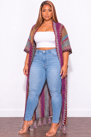 Final Sale Plus Size Knitted Cardigan with Bottom Tassels in Purple Multi-Color and Black