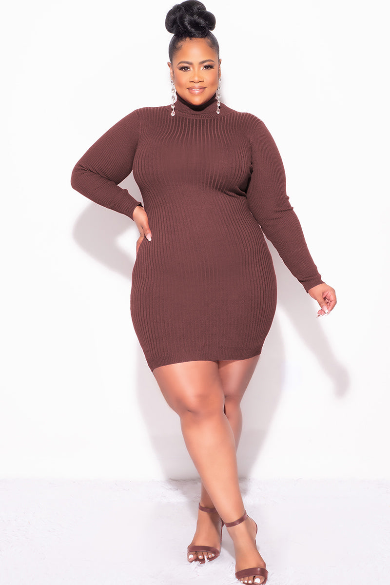 Final Sale Plus Size Ribbed Turtle Neck Dress in Brown Final Sale Plus Size Ribbed Turtle Neck Dress in Brown