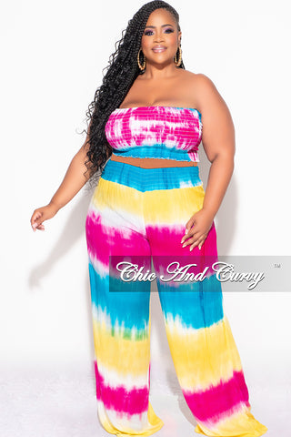 Final Sale Plus Size 2pc Strapless Frill Crop Top and Palazzo Pants Set Multi-Color Tie Dye Print